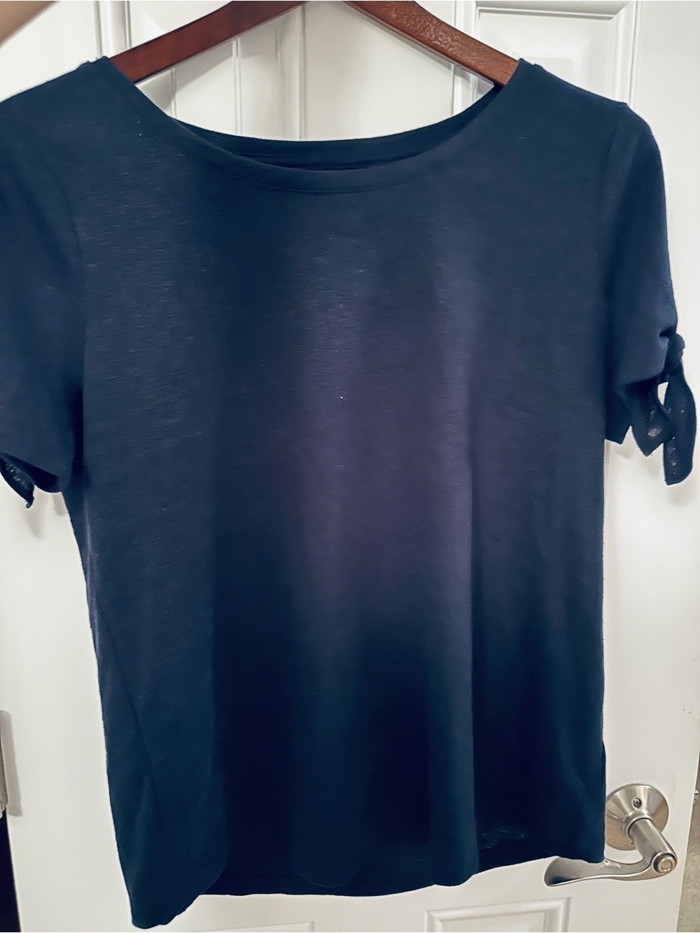 Talbots Linen Blend Navy Blue Top with Keyhole Bow sleeves Small EUC